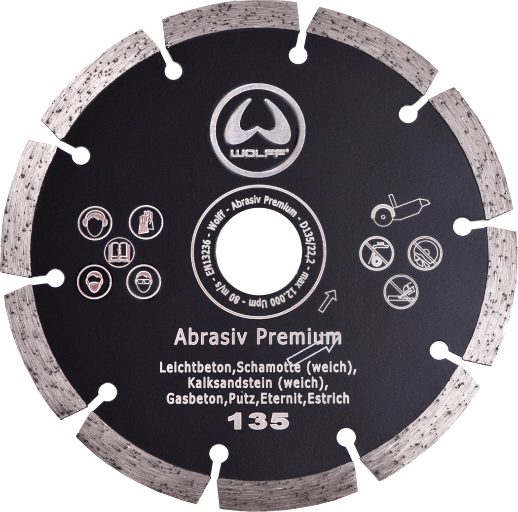 Disque de coupe diamant segmenté noir (135 mm) portant la mention 'Abrasiv Premium', conçu pour béton léger, chamotte (molle), grès calcaire (mou), béton cellulaire, enduit, Eternit et chape; trou central de montage et pictogrammes de sécurité visibles.