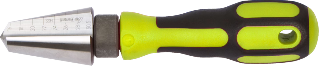 A hand-held stepped conical metal reamer or step drill with an ergonomically shaped, two-tone soft-grip handle. The tool features a tapered, multi-diameter stainless steel cone with engraved measurement markings along its sloped surface (visible sizes approximately 16 to 30.5 mm), a short hexagonal locking collar at the cone base, and a bright yellow and black rubberized handle with molded finger grooves and a lanyard/hanging hole at the butt. The metal surface is smooth and slightly reflective; the bi-material handle provides improved grip and torque transfer. The object is shown in profile on a white background and appears clean and ready for use in woodworking, metalworking, hole enlargement, deburring, or countersinking applications.