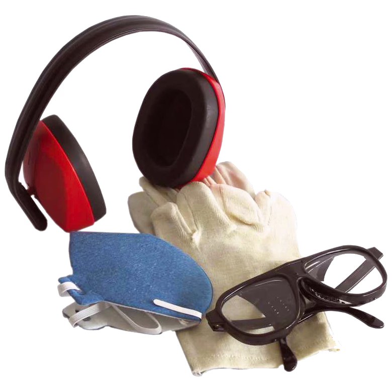 Ensemble d'équipements de protection individuelle sur fond blanc : casque anti-bruit rouge et noir, gants de protection beiges, masque respiratoire jetable bleu et lunettes de sécurité noires. Les éléments sont regroupés et illustrent la protection de l'audition, des mains, des voies respiratoires et des yeux lors de travaux industriels ou de bricolage.