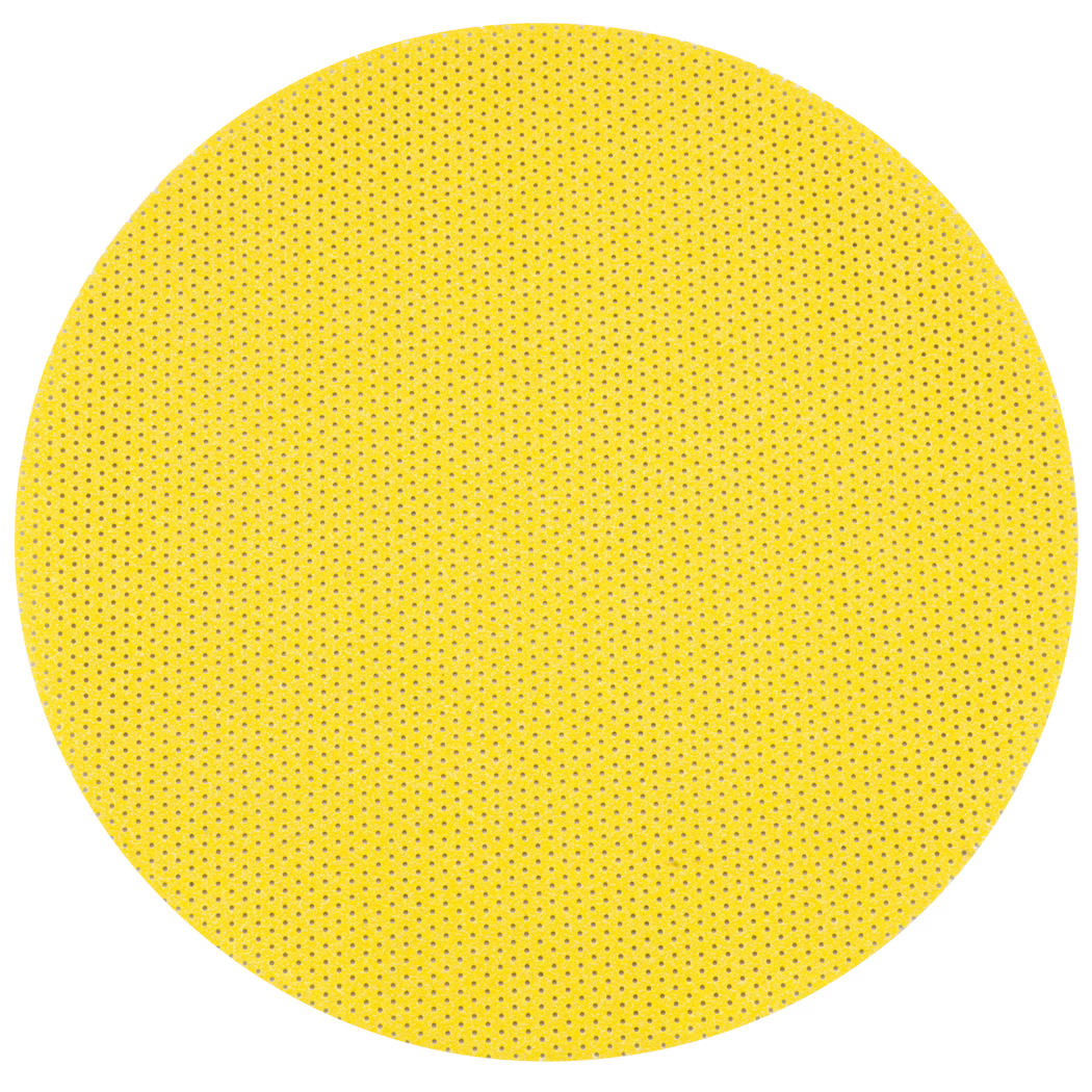 WOLFF_Dummy_40775, 40776, 40777, 70754, 40778, 40720, 40741, 40742, 40743, 40744, 40745, 40746, 40747, 40478, 40479_perforated pads_2025-08 Un grand disque circulaire jaune texturé présentant un motif régulier de petits trous, ressemblant à un disque abrasif ou à un filtre, centré sur un fond blanc.