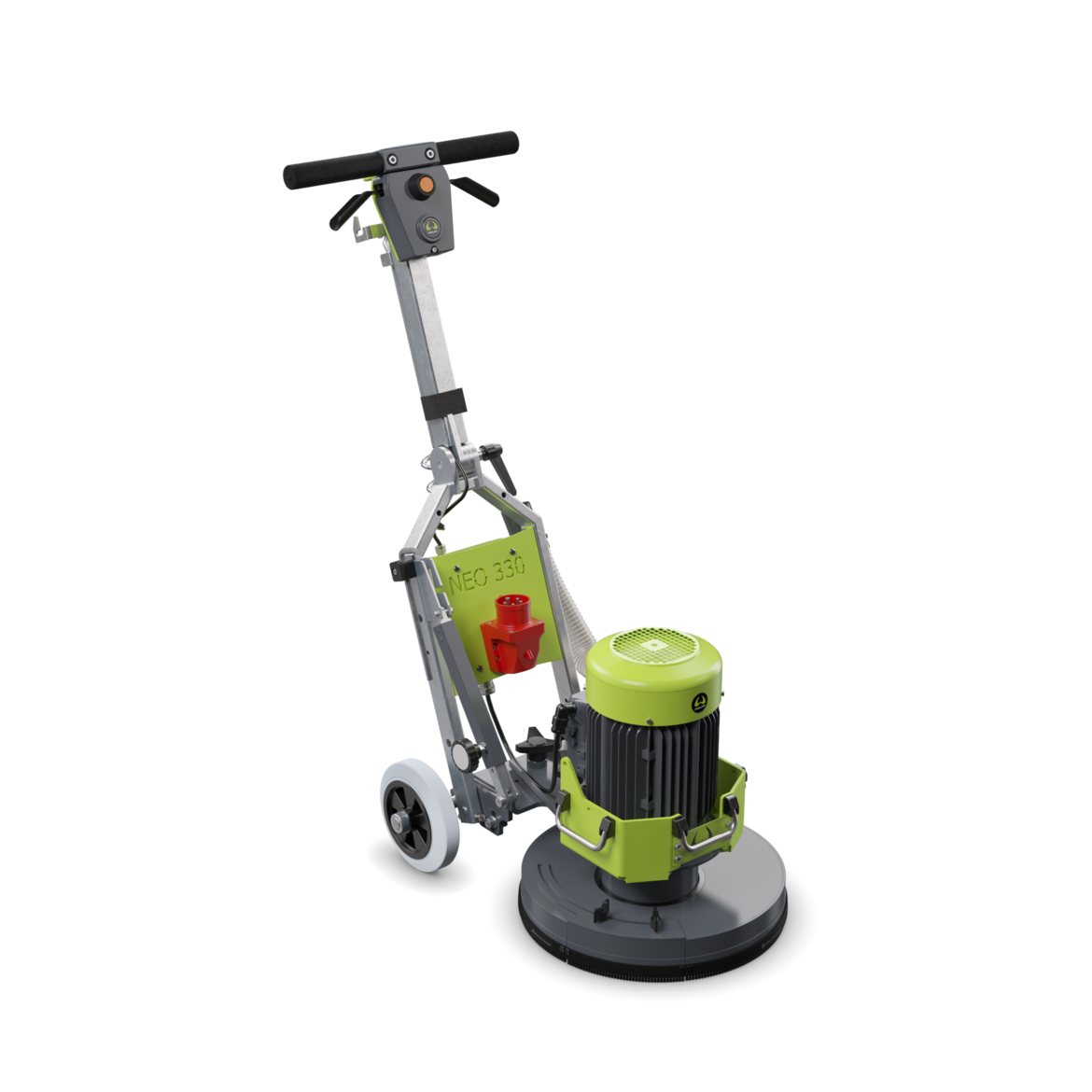 Industrie-Bodenschleifmaschine NEO 330 mit grün-grauem Metallrahmen, großem Motor, runder Schleifscheibe und Transportgriff auf schwarzem Hintergrund.