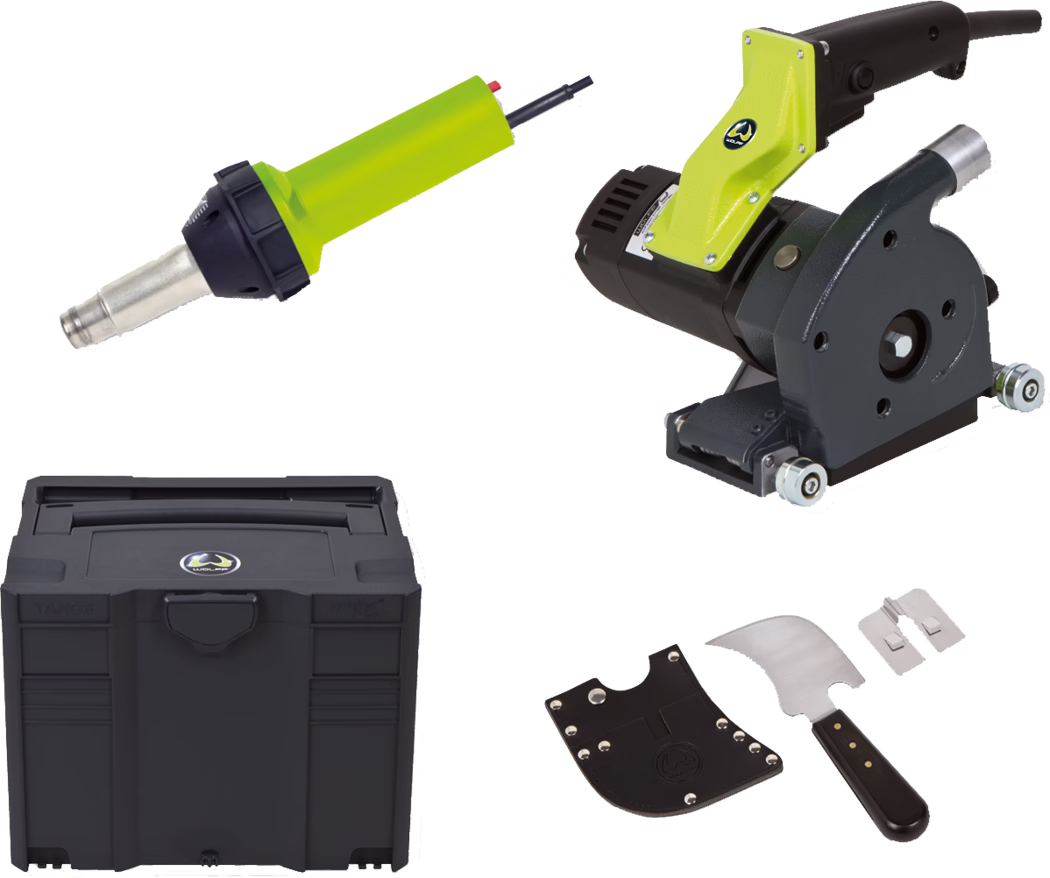 Photographie d'un ensemble d'outils électriques portatifs et d'accessoires sur fond blanc : un pistolet à air chaud vert citron avec embout métallique, une petite rainureuse électrique compacte avec poignée jaune et tête de coupe métallique sur roulettes guides, une mallette d'outillage robuste en plastique noir, et un grattoir/couteau avec lames de rechange et étui en cuir. Les outils sont disposés séparément et montrent des détails tels que câbles d'alimentation, orifices de ventilation, vis de fixation et éléments de coupe métalliques, suggérant un kit professionnel pour rainurer les murs, enlever le plâtre et préparer les surfaces.