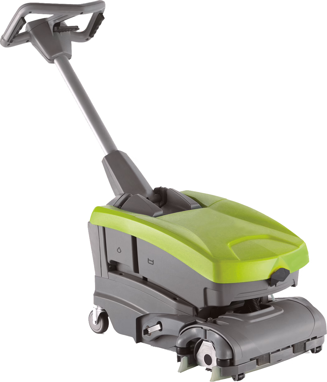 Laveuse de sol compacte à batterie, de couleur gris et vert citron, avec une longue poignée ergonomique, des brosses cylindriques frontales, des roulettes pivotantes et des indicateurs visibles pour les réservoirs d'eau et de solution ; coque en plastique robuste et carter de brosse bas pour le nettoyage intérieur professionnel.