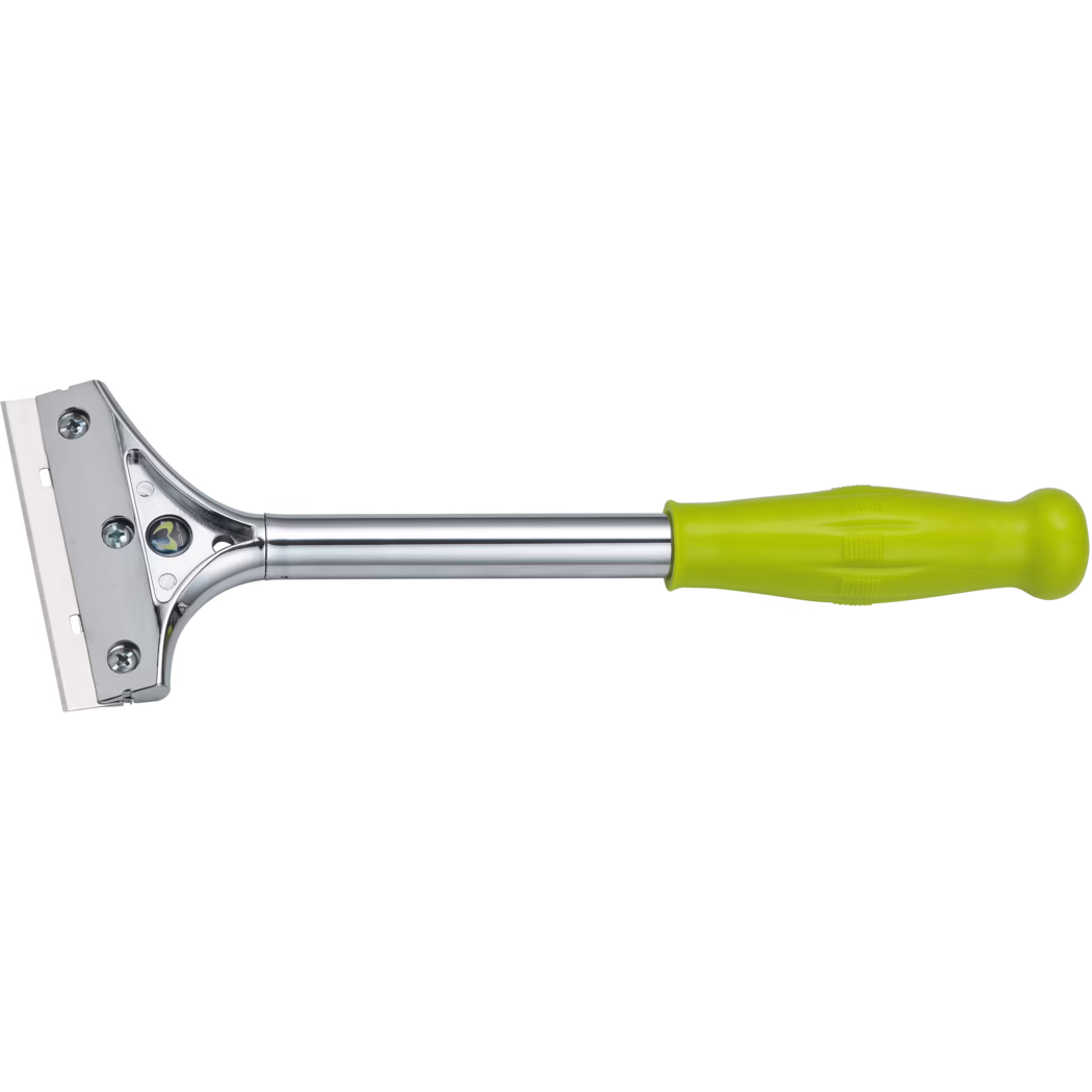 WOLFF_Dummy_51505_Hand Scraper_2025-08 Raclette métallique portative avec lame droite interchangeable montée sur une tige en acier chromé et un manche ergonomique en plastique vert citron vif ; trois vis visibles maintiennent l'ensemble de la lame. Conçue pour gratter peinture, autocollants ou résidus sur le verre et les surfaces lisses ; photographiée sur fond blanc.