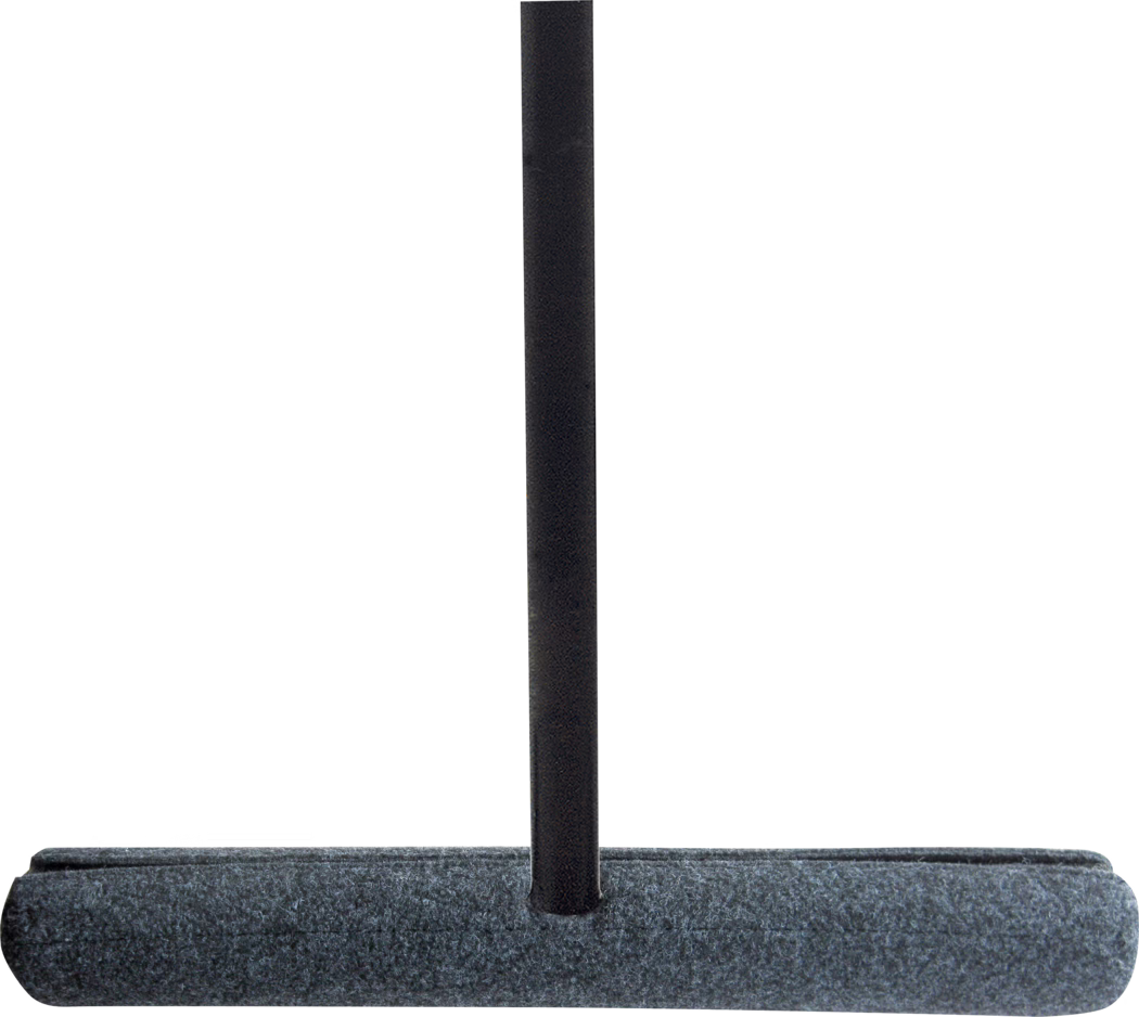 Gros plan d'une tige cylindrique noire verticale fixée sur une base rectangulaire gris foncé recouverte de feutre ; support minimaliste sur fond blanc.